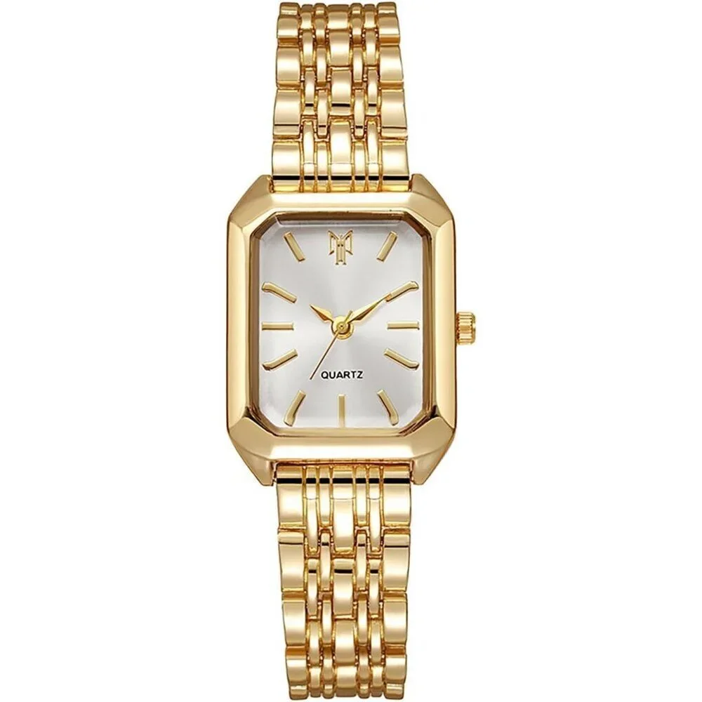 Women's Gold White Square Quartz Wrist Watches Steel Strap Casual Fashion